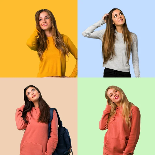 Collage Dziewczyn Myśląc Pomysł Wskazując Palcem Górę — Zdjęcie stockowe