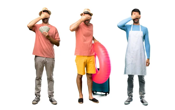 Група чоловіків з купюрами, шеф-кухар і чоловік з капелюхом і сонцезахисними окулярами на — стокове фото
