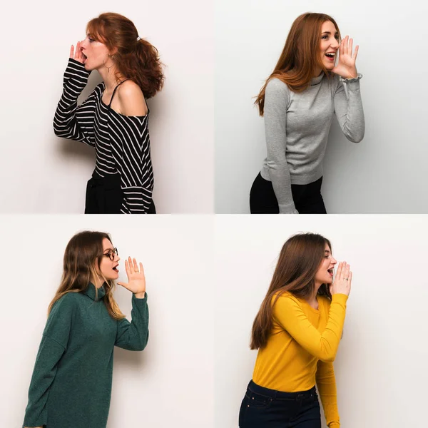 Conjunto Mujeres Sobre Fondo Blanco Gritando Con Boca Abierta Hacia —  Fotos de Stock