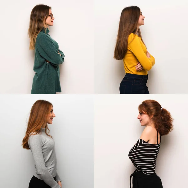 Set of women over white background in lateral position