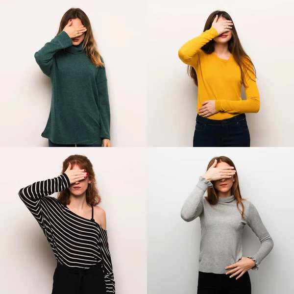 Set of women over white background covering eyes by hands. Do not want to see something