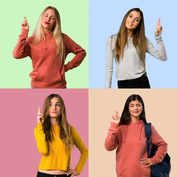 Collage Ragazze Con Dita Incrociate Augurando Meglio — Foto Stock