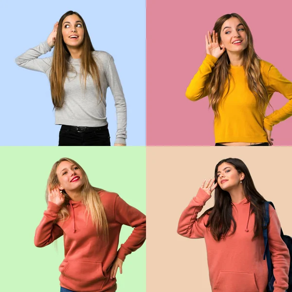 Collage Dziewczyn Słuchając Czegoś Przez Oddanie Ręki Ucho — Zdjęcie stockowe
