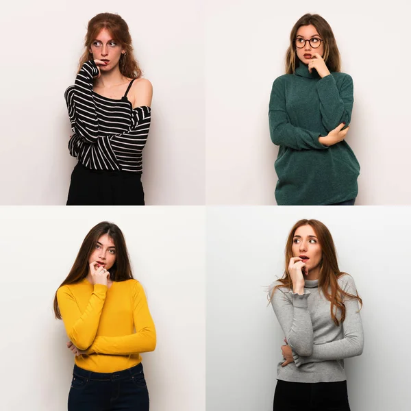 Conjunto Mujeres Sobre Fondo Blanco Teniendo Dudas Mientras Mira Hacia — Foto de Stock