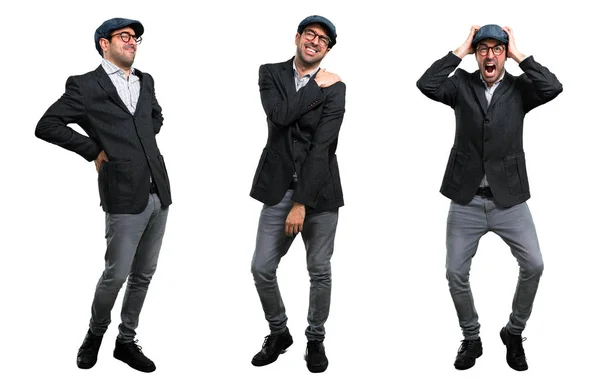 Set van knappe moderne man met baret en glazen met schouder — Stockfoto