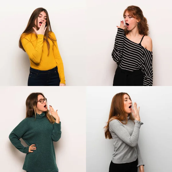 Set of women over white background yawning and covering wide open mouth with hand