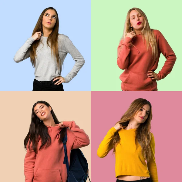 Collage Girls Tired Sick Expression — Stock Photo, Image