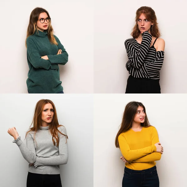 Set of women over white background with confuse face expression while bites lip