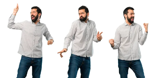 Collage de hombre guapo con barba escuchando la música y da —  Fotos de Stock