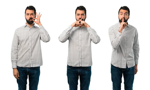 Collage de hombre guapo con barba mostrando un signo de cierre mou —  Fotos de Stock