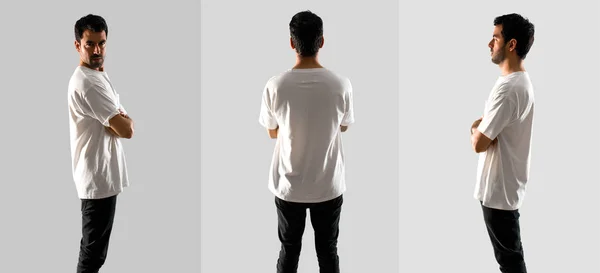 Set of Young man with white shirt on grey background — Stock Photo, Image