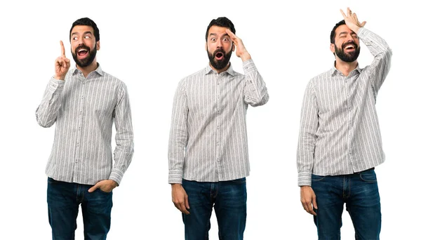 Colagem de homem bonito com barba que pretende realizar o sol — Fotografia de Stock