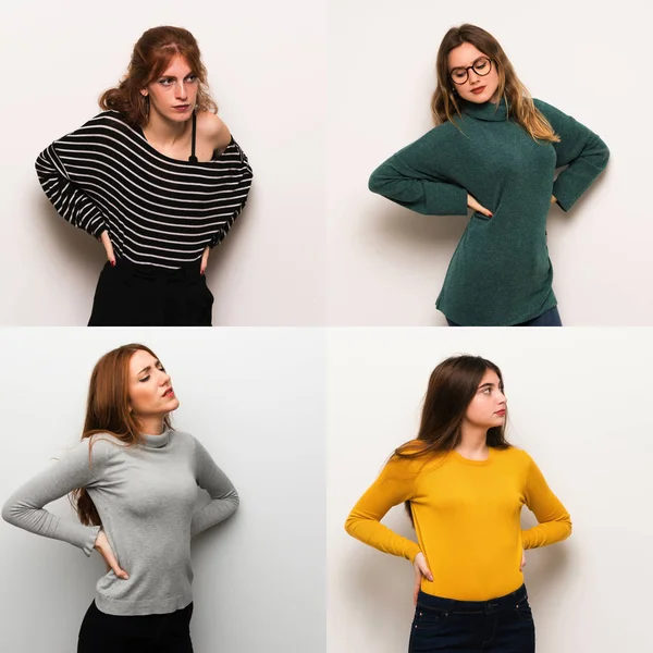 Set of women over white background suffering from backache for having made an effort