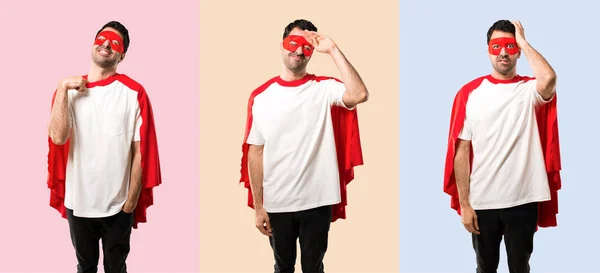 Set of Superhero man with mask and red cape with tired and sick