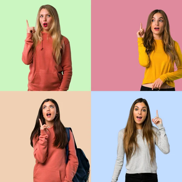 Collage Ragazze Che Mostrano Sollevano Dito — Foto Stock