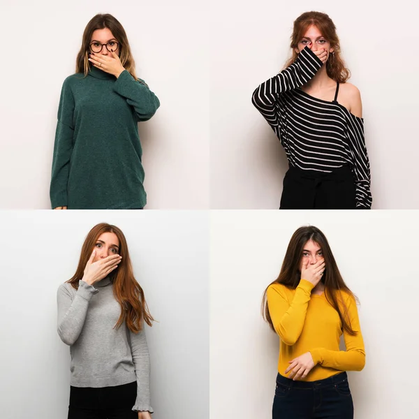 Set of women over white background covering mouth with hands for saying something inappropriate