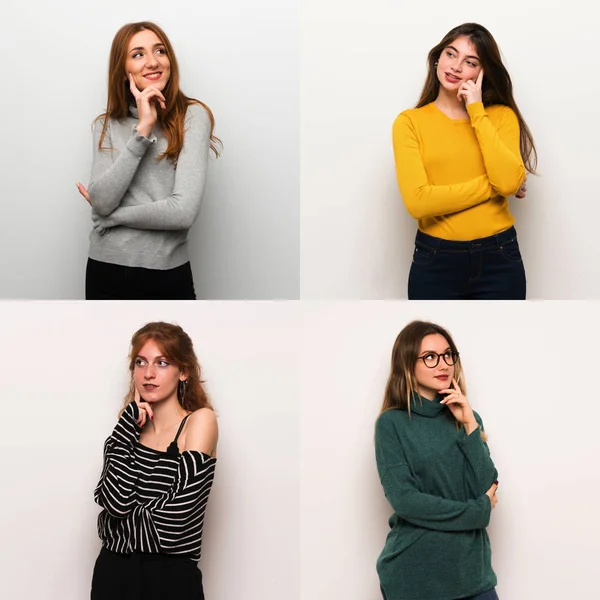 Set of women over white background thinking an idea while looking up