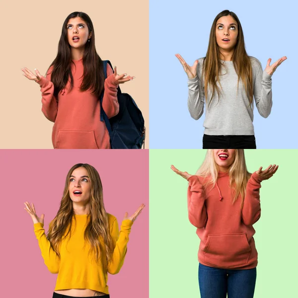 Collage Ragazze Frustrate Una Brutta Situazione Indicando Fronte — Foto Stock