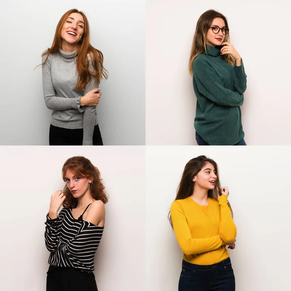 Conjunto Mujeres Sobre Fondo Blanco Con Expresión Feliz —  Fotos de Stock