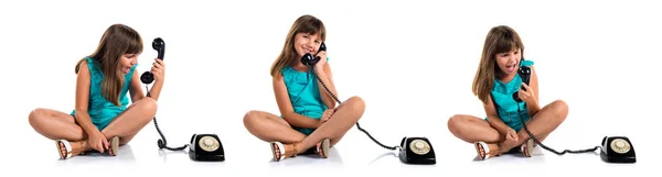 Menina Falando Com Telefone Vintage — Fotografia de Stock