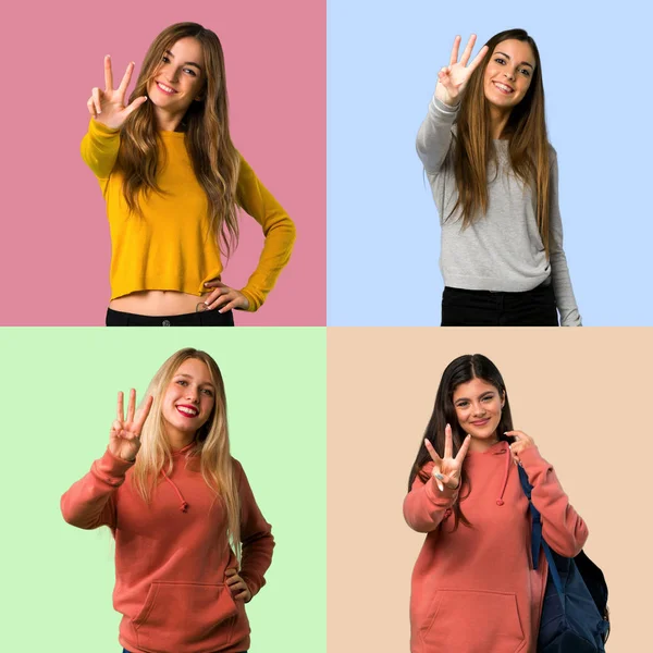 Collage Chicas Felices Contando Tres Con Los Dedos —  Fotos de Stock