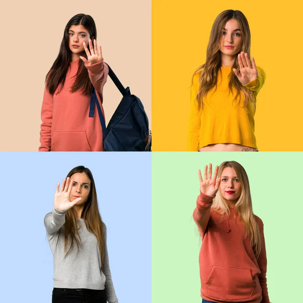 Collage Flickor Som Gör Stopp Gest Med Handen För Att — Stockfoto
