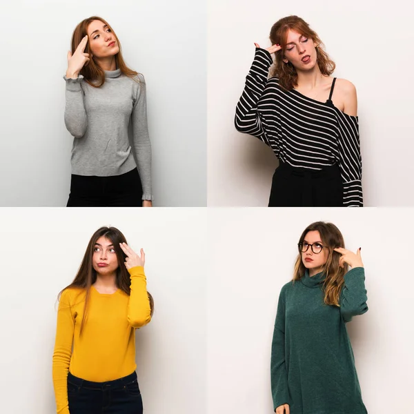 Set of women over white background with problems making suicide gesture