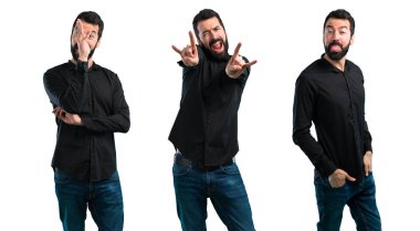 Rock jesti yapan sakallı yakışıklı adam seti