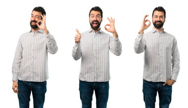 Sakallı yakışıklı adamın kolajı finge ile ok işareti gösteren