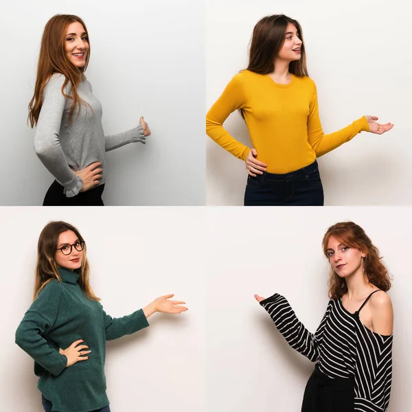 Set of women over white background pointing back and presenting a product