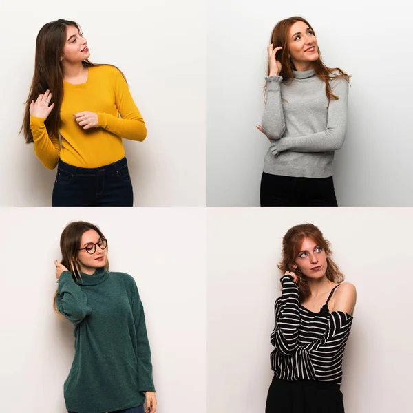 Set of women over white background thinking an idea while scratching head