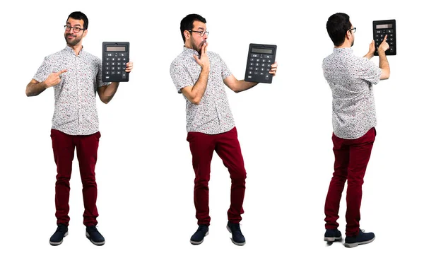 Sada pohledného muže s brýlemi s kalkulačkou — Stock fotografie