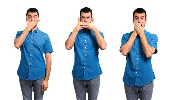 Conjunto de homem bonito com camisa azul cobrindo orelhas da boca e olhos — Fotografia de Stock