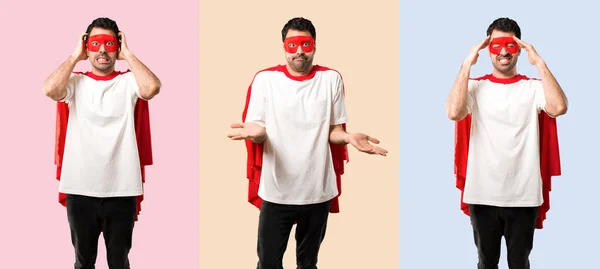 Set di Supereroe uomo con maschera e mantello rosso infelice e frustrato — Foto Stock