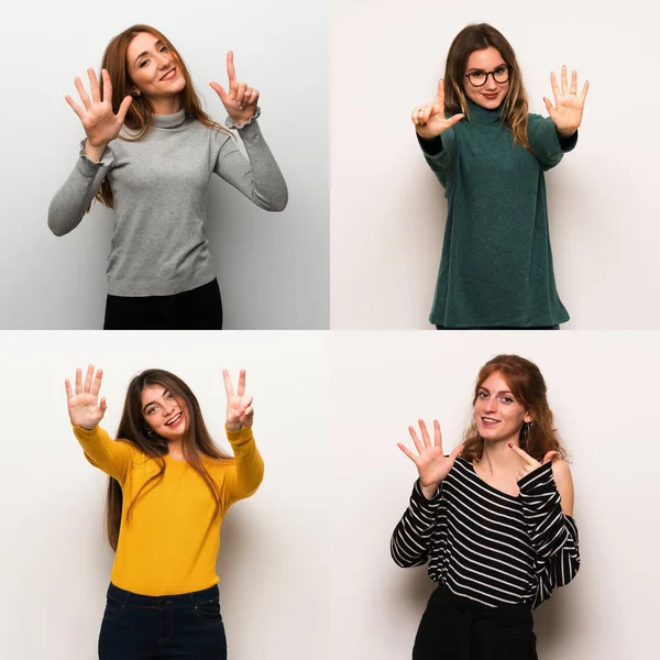 Set of women over white background counting seven with fingers