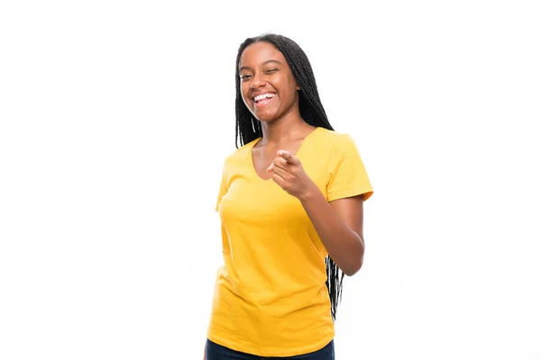 Afro Americano Adolescente Menina Com Longo Trançado Cabelo Sobre Isolado — Fotografia de Stock