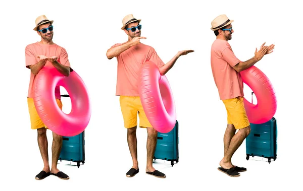 Set of Man with hat and sunglasses on his summer vacation holdin — Stock Photo, Image
