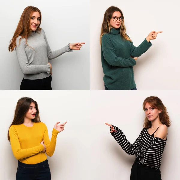 Set Women White Background Pointing Finger Side Lateral Position — Stock Photo, Image