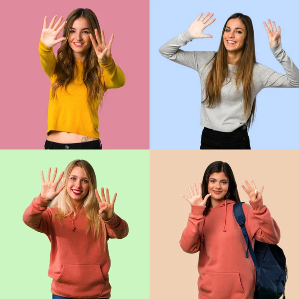 Collage Von Mädchen Die Neun Mit Den Fingern Zählen — Stockfoto