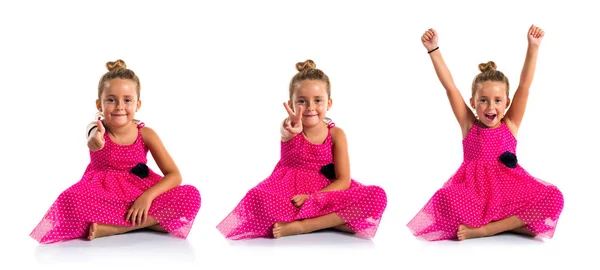 Little Girl Pink Dress Doing Victory Gesture — Stock Photo, Image
