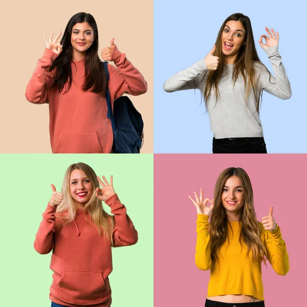 Collage Von Mädchen Die Ein Zeichen Mit Fingern Zeigen — Stockfoto