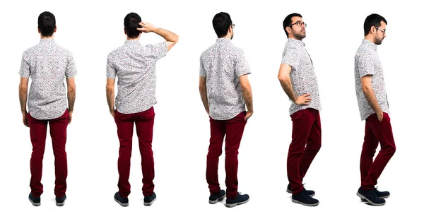 Conjunto de homem bonito com óculos na posição traseira e po lateral — Fotografia de Stock