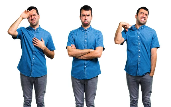 Uppsättning Ledsen Stilig Man Med Blå Skjorta — Stockfoto