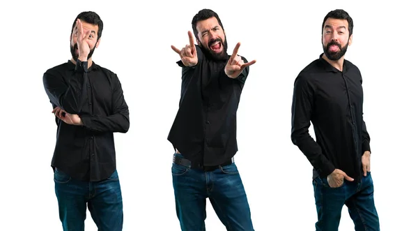 Set of Handsome man with beard making rock gesture — Stock Photo, Image