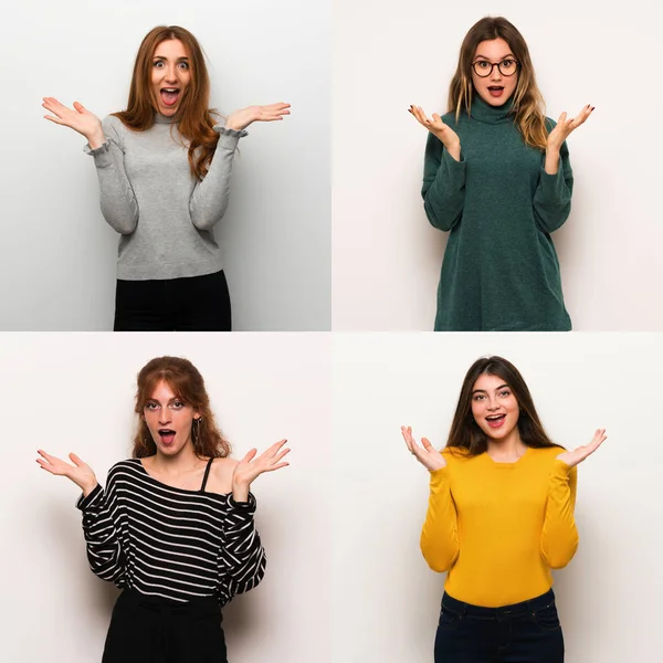Set of women over white background with surprise and shocked facial expression
