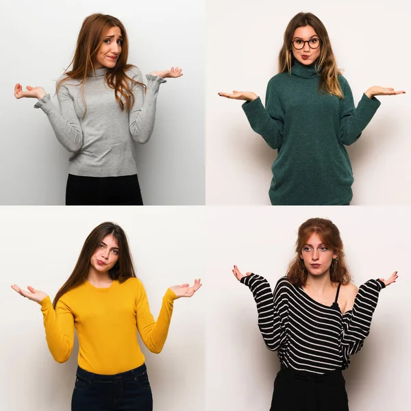 Set of women over white background having doubts while raising hands and shoulders