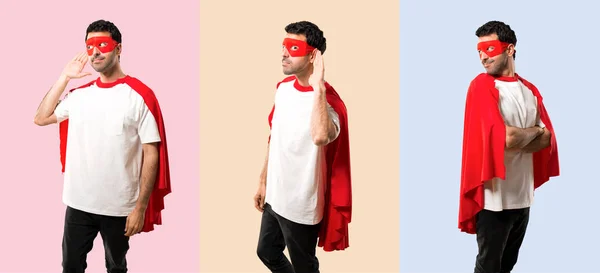 Set of Superhero man with mask and red cape listening to somethi