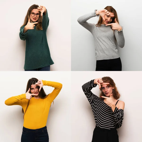 Conjunto Mujeres Sobre Fondo Blanco Enfocando Cara Símbolo Encuadre — Foto de Stock