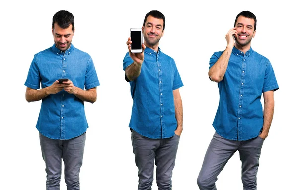 Set Bell Uomo Con Camicia Blu Che Parla Con Cellulare — Foto Stock