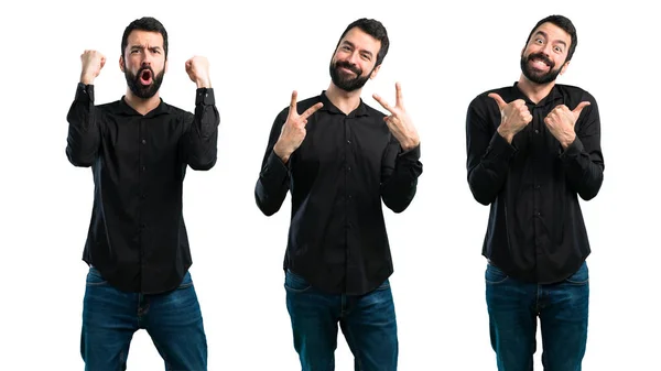 Set of Handsome man with beard making victory gesture — Stock Photo, Image